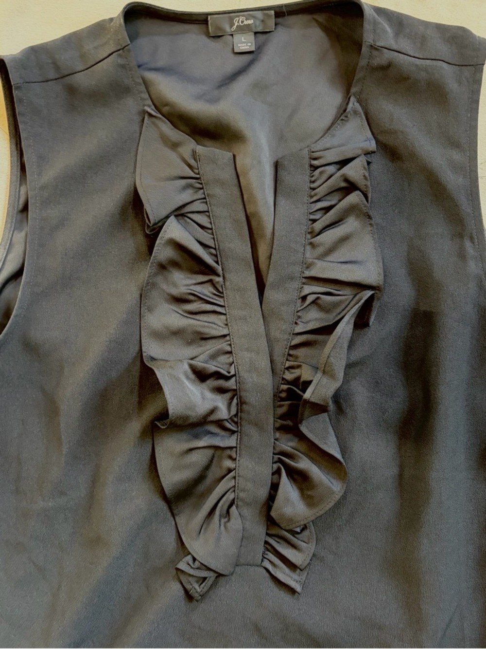 J. Crew Black Sleeveless Ruffle-Front Blouse large - Picture 3 of 5